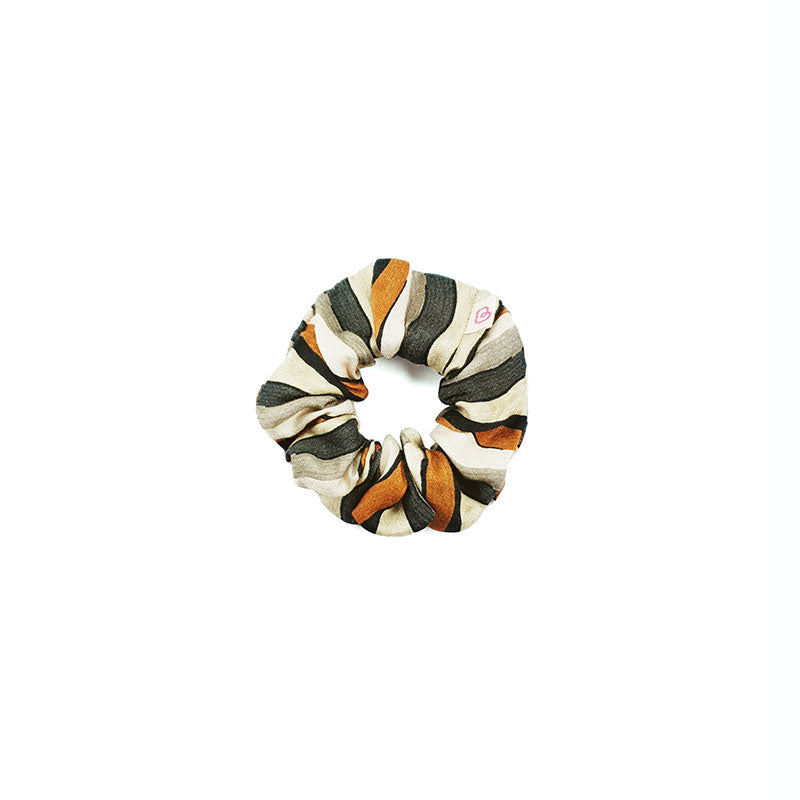 chouchou cheveux satiné aux teintes orangées et kaki de la marque Bunzelle, en taille mini