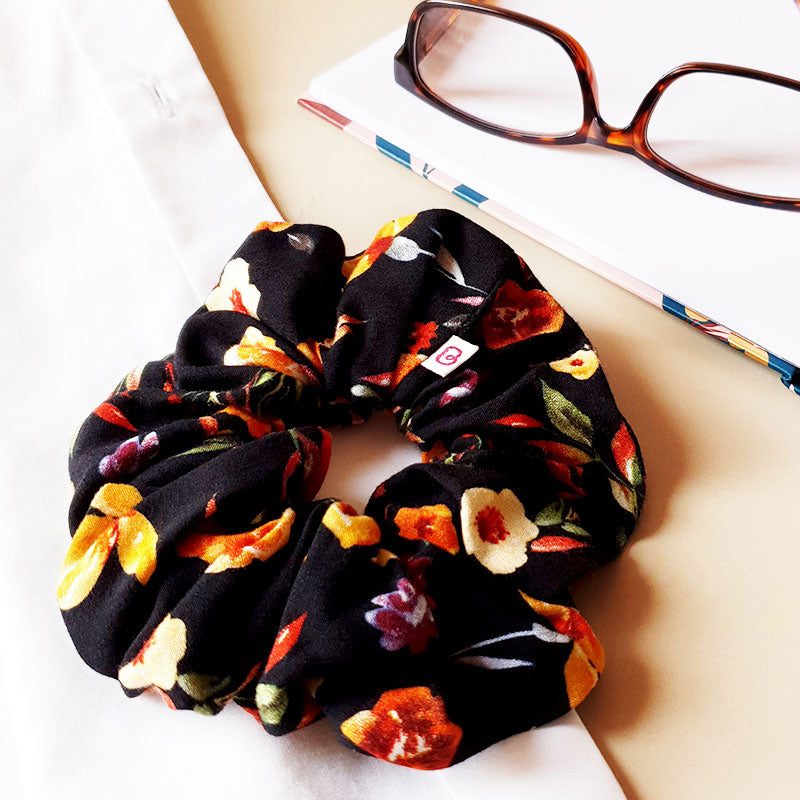 chouchou noir à fleurs orangées bouquet vintage de Bunzelle, en taille maxi